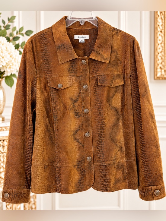 dressbarn Jackets & Blazers - Dressbarn XL Faux Suede Croc Texture Brown Jacket Button Front